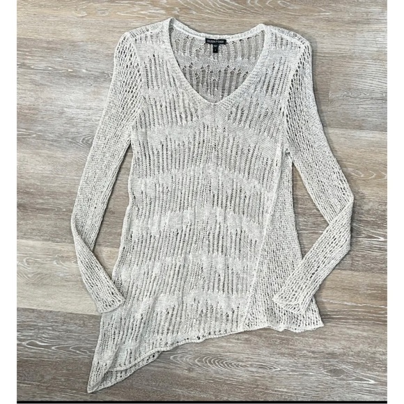 Eileen Fisher Sz S Beige Gray Asymmetrical Hem Open Knit Linen V Neck Sweater - Picture 1 of 5